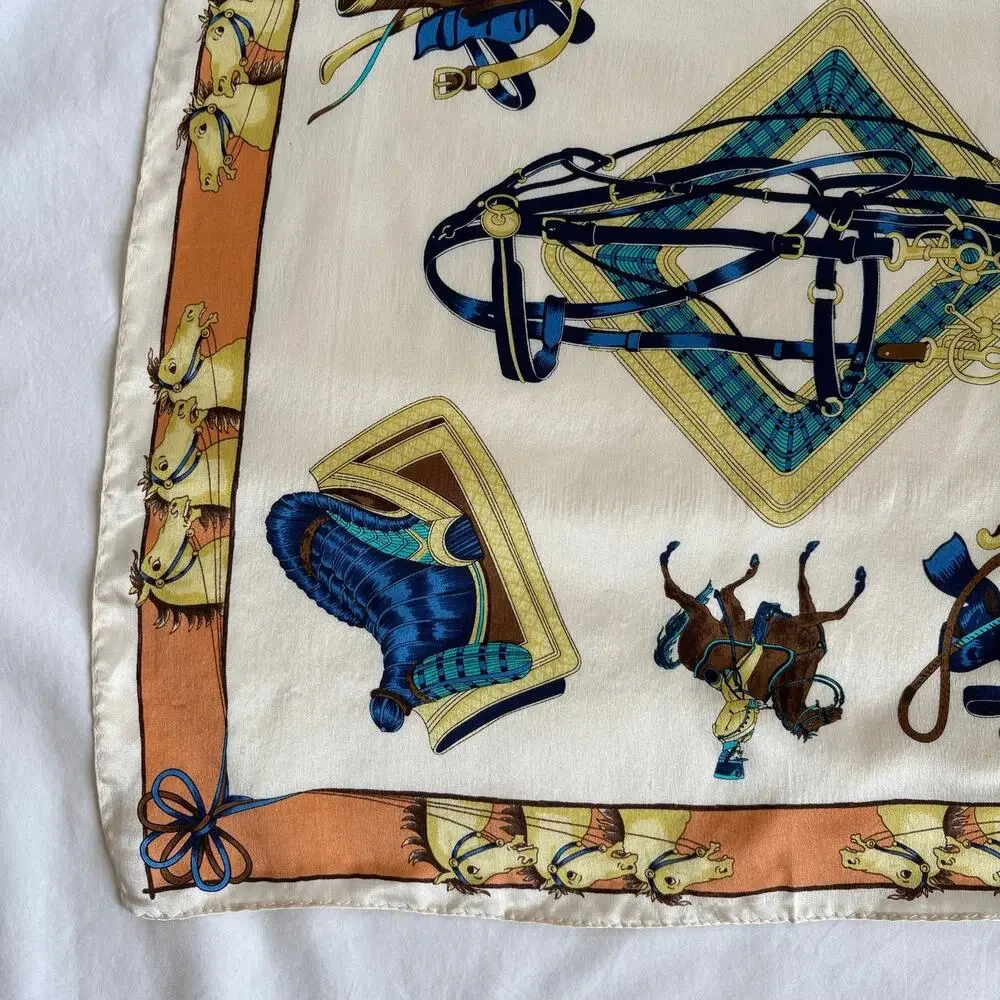 Vintage 100% Silk Equestrian Horse Scarf Blue Cream Square
